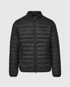 Black Puffer Jacket with quilted design, stand-up collar, and full zipper.