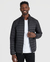 Black Puffer Jacket with slim fit, unzipped over a white T-shirt.