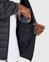 Black Puffer Jacket unzipped, revealing interior pocket with a smartphone.