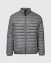 Gunmetal Puffer Jacket with zippered pockets and stand-up collar.