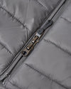 Gunmetal Puffer Jacket with quilted fabric and dual metal zipper.