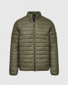 Military Green Puffer Jacket with horizontal baffles, high collar, full zipper.