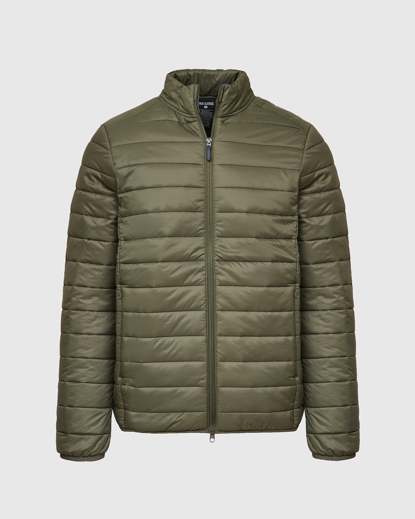 Military Green Puffer Jacket with horizontal baffles, high collar, full zipper.