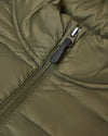 Military Green Puffer Jacket zipper detail with fabric pull tab.