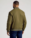 Army Green Bomber Jacket back view with ribbed cuffs and sleeve pocket.