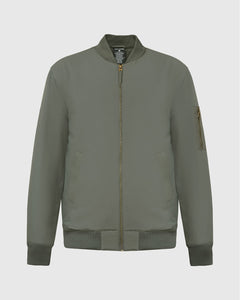True ClassicCarbon Bomber Jacket with ribbed collar, orange lining, and brass zippers.