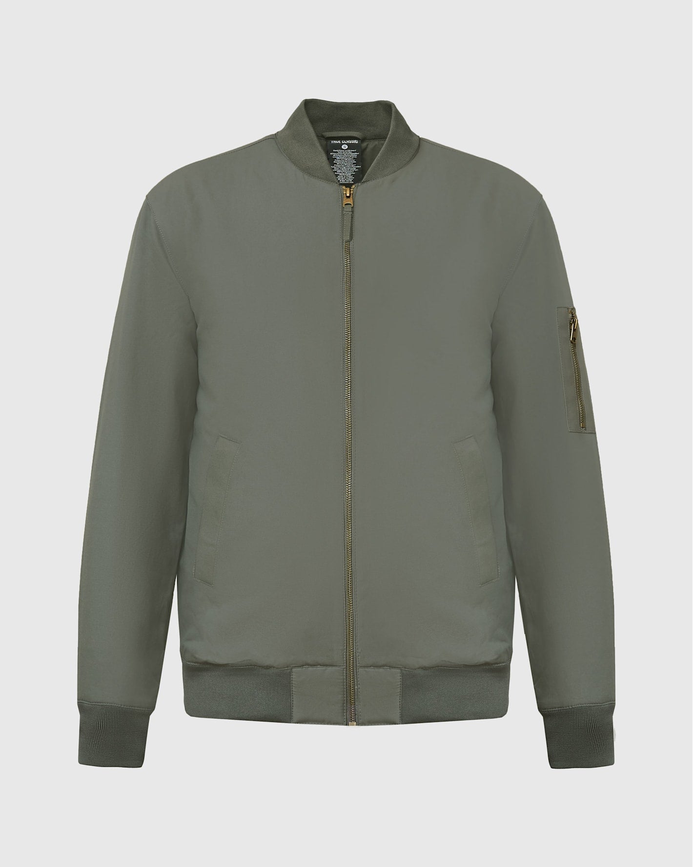 Carbon Bomber Jacket with ribbed collar, orange lining, and brass zippers.