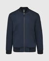 Navy Bomber Jacket with brass zip and rib-knit details.