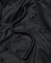 Black Hooded Puffer Jacket with braided draw-cord and visible zipper detail.