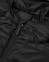 Black Hooded Puffer Jacket with quilted design, central zipper, and fabric label.