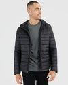 Black Hooded Puffer Jacket worn by male model, partially zipped.