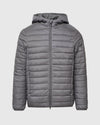 Gunmetal Hooded Puffer Jacket with zipper, hood, and side pockets.