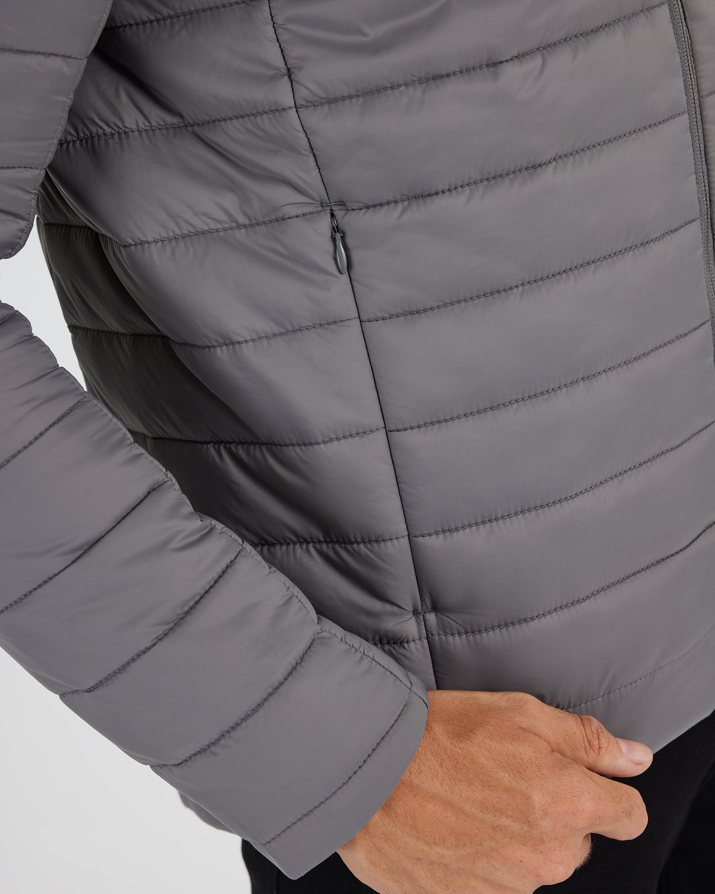 Gunmetal Hooded Puffer Jacket with chest pocket, quilted baffles visible.