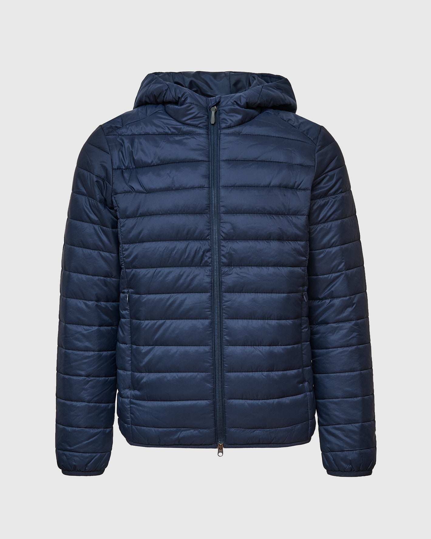 Navy Hooded Puffer Jacket with zipper, quilted design, elastic cuffs.