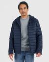 Navy Hooded Puffer Jacket on male model, showcasing mid-weight warmth.