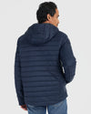 Navy Hooded Puffer Jacket with horizontal stitching, shown from the back.