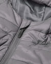 Gunmetal Hooded Puffer Jacket with quilted panels and visible zipper.