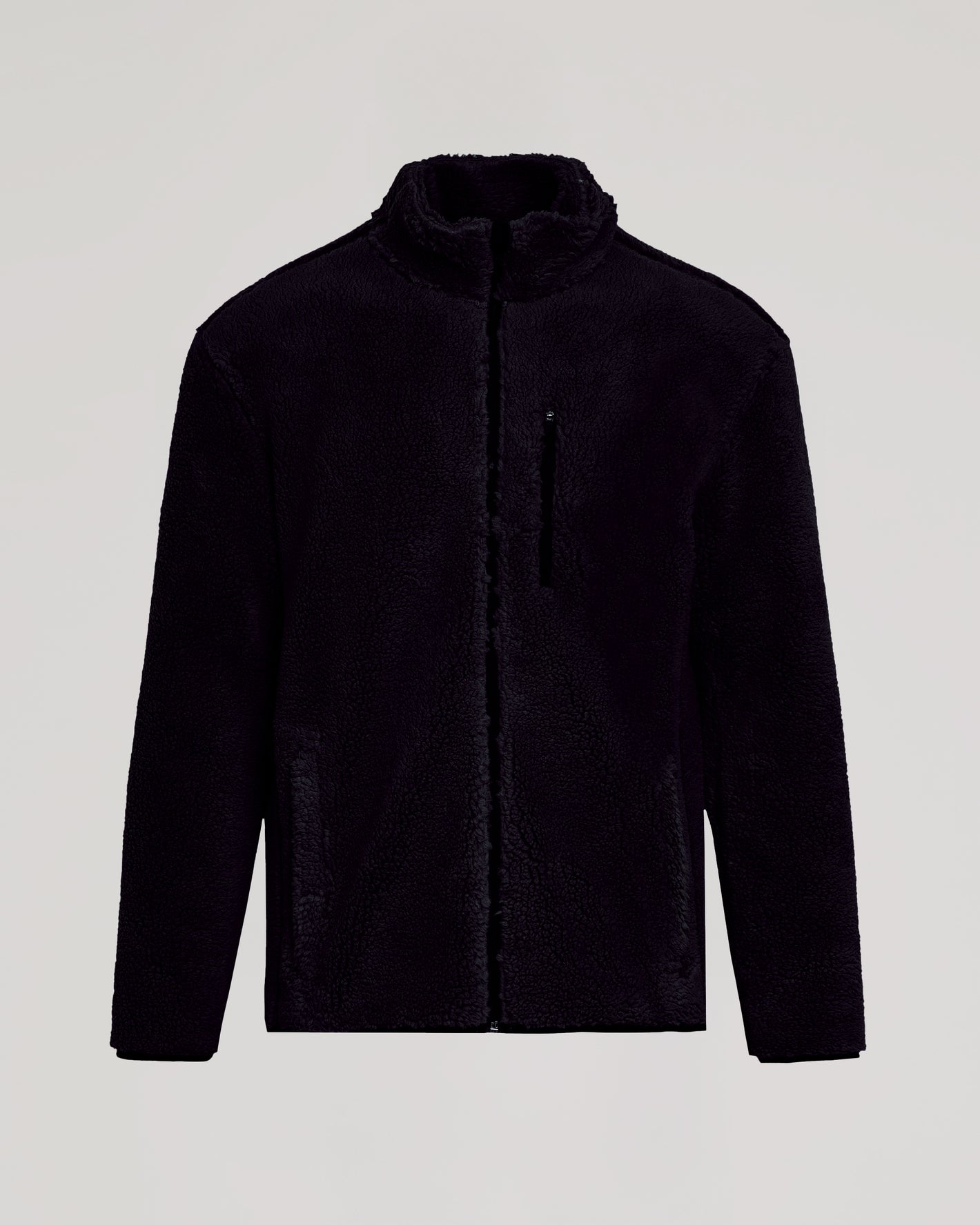 Black Sherpa Full Zip Jacket with stand-up collar and zippered chest pocket.