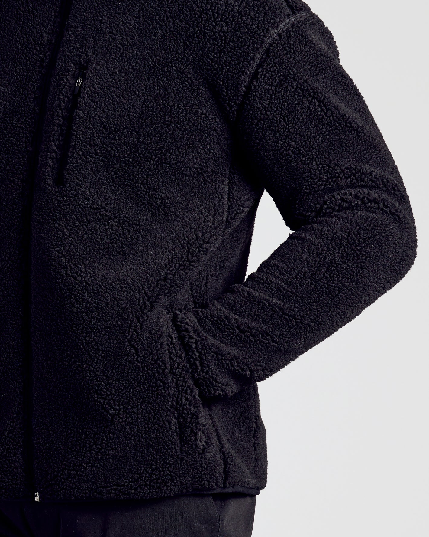 Black Sherpa Full Zip Jacket with textured fleece, side pockets, and chest pocket.