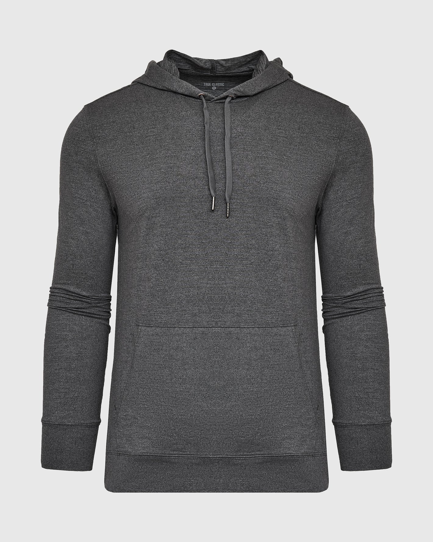 Charcoal Heather Active Comfort Pullover Hoodie with adjustable hood and front pocket.