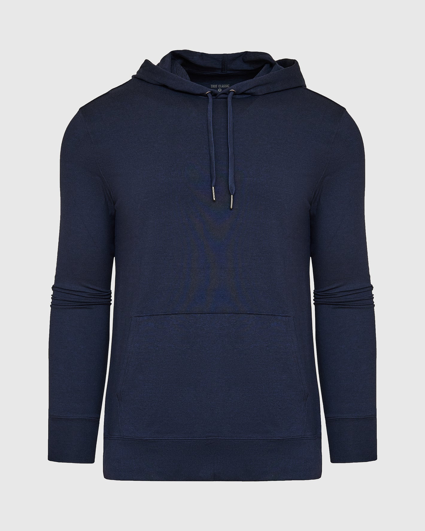 Heather Navy Active Comfort Pullover Hoodie with hood, drawstrings, and kangaroo pocket.