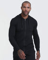 Black Active Comfort Full Zip Hoodie worn by a tattooed male model.