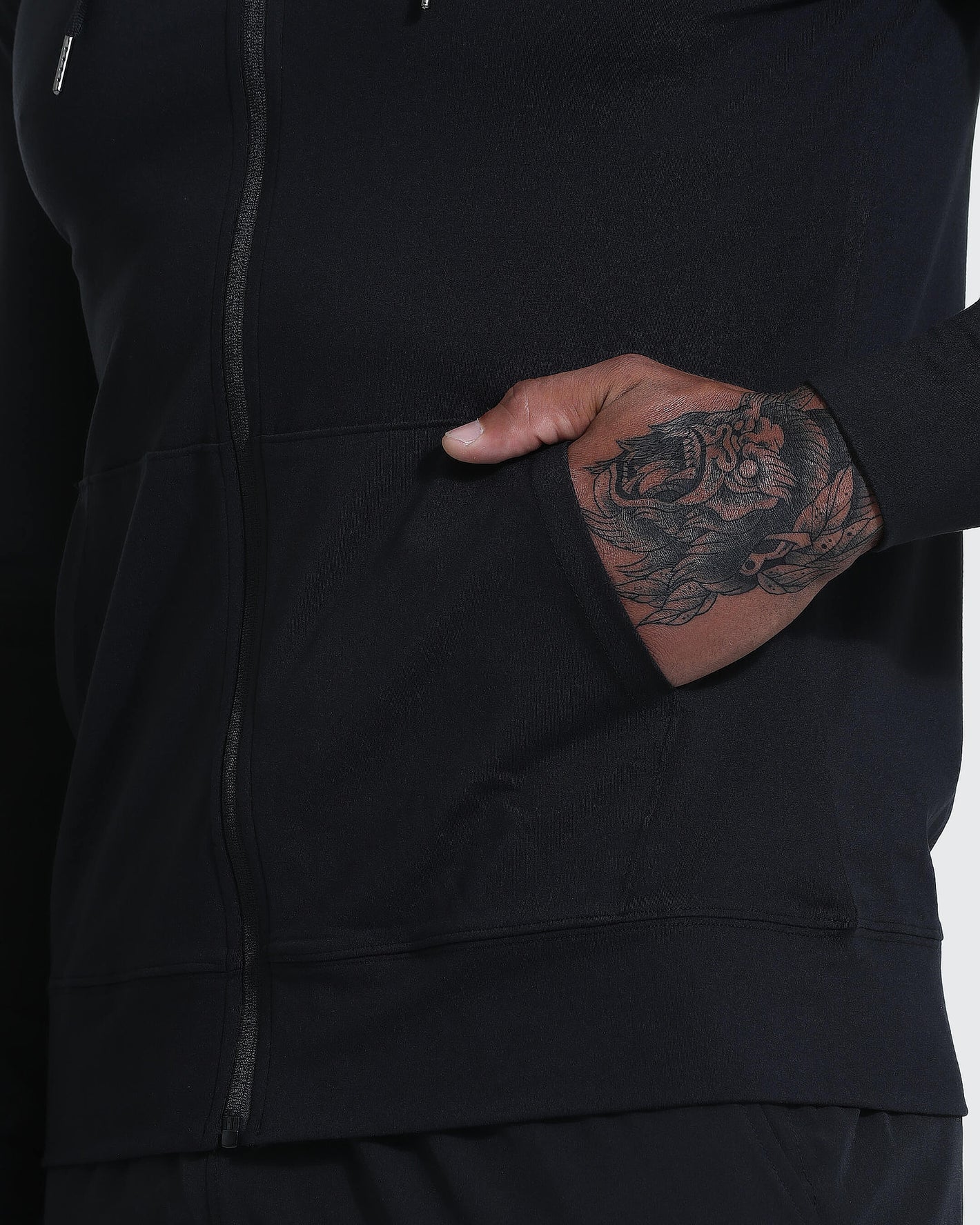 Black Active Comfort Full Zip Hoodie with kangaroo pocket and tiger tattoo.