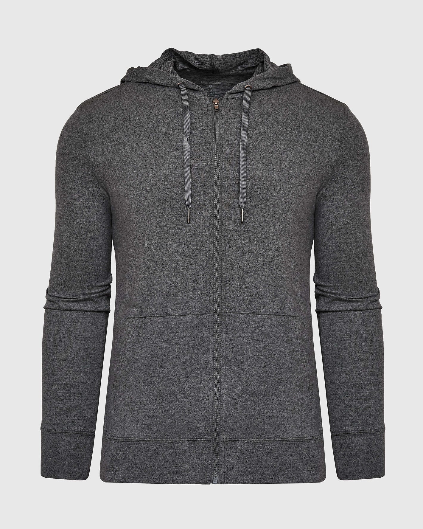 Charcoal Heather Active Comfort Full Zip Hoodie with front pockets and drawcord hood.