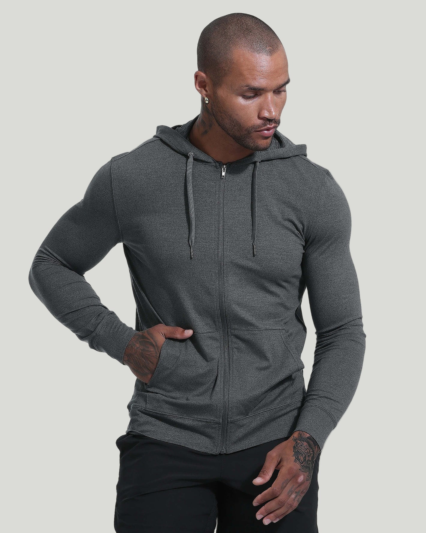 Charcoal Heather Active Comfort Full Zip Hoodie on male model.