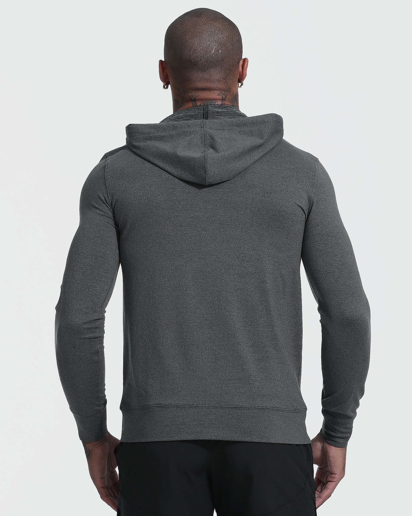 Back view of Charcoal Heather Active Comfort Full Zip Hoodie worn by model.
