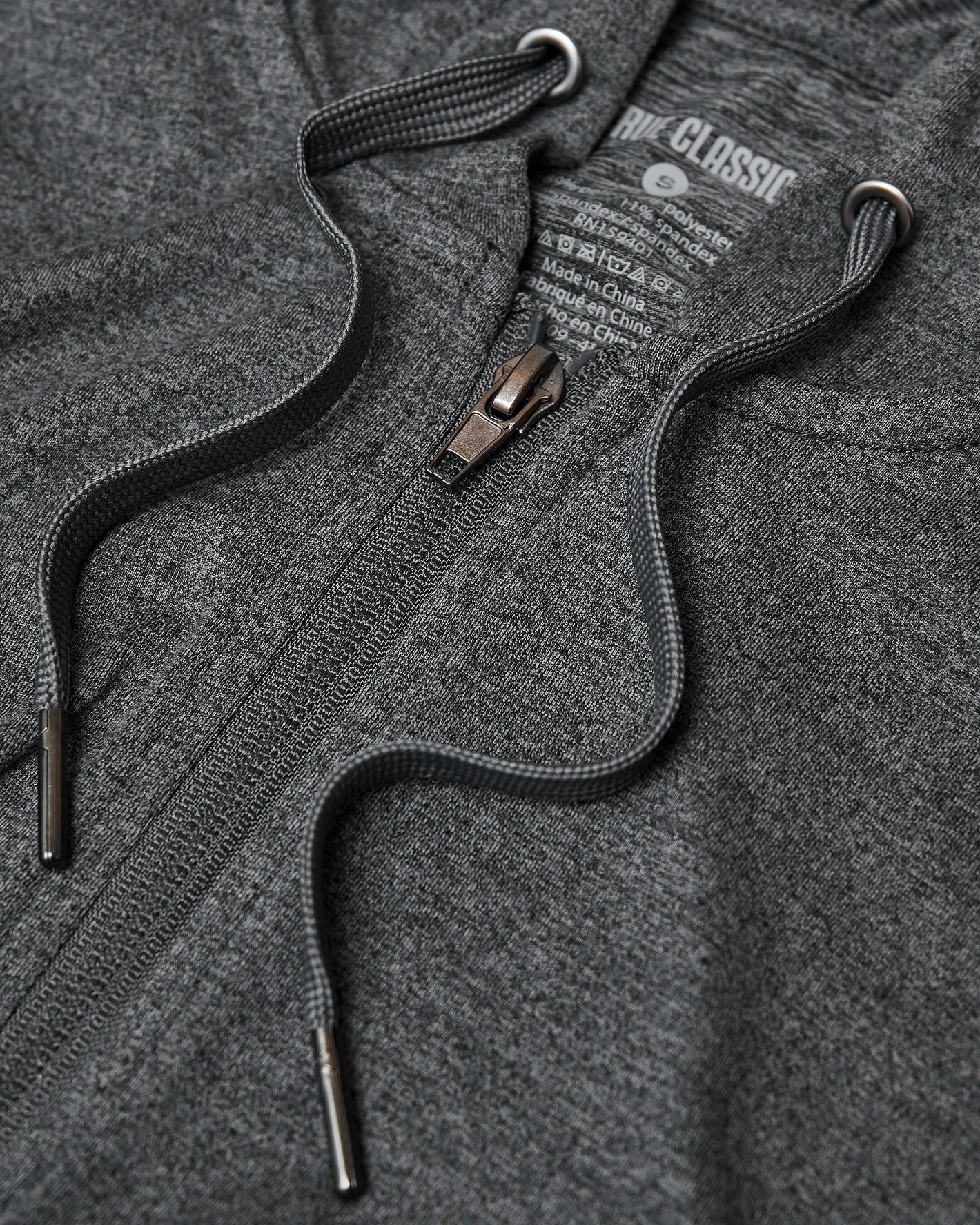 Charcoal Heather Active Comfort Full Zip Hoodie close-up with textured fabric.