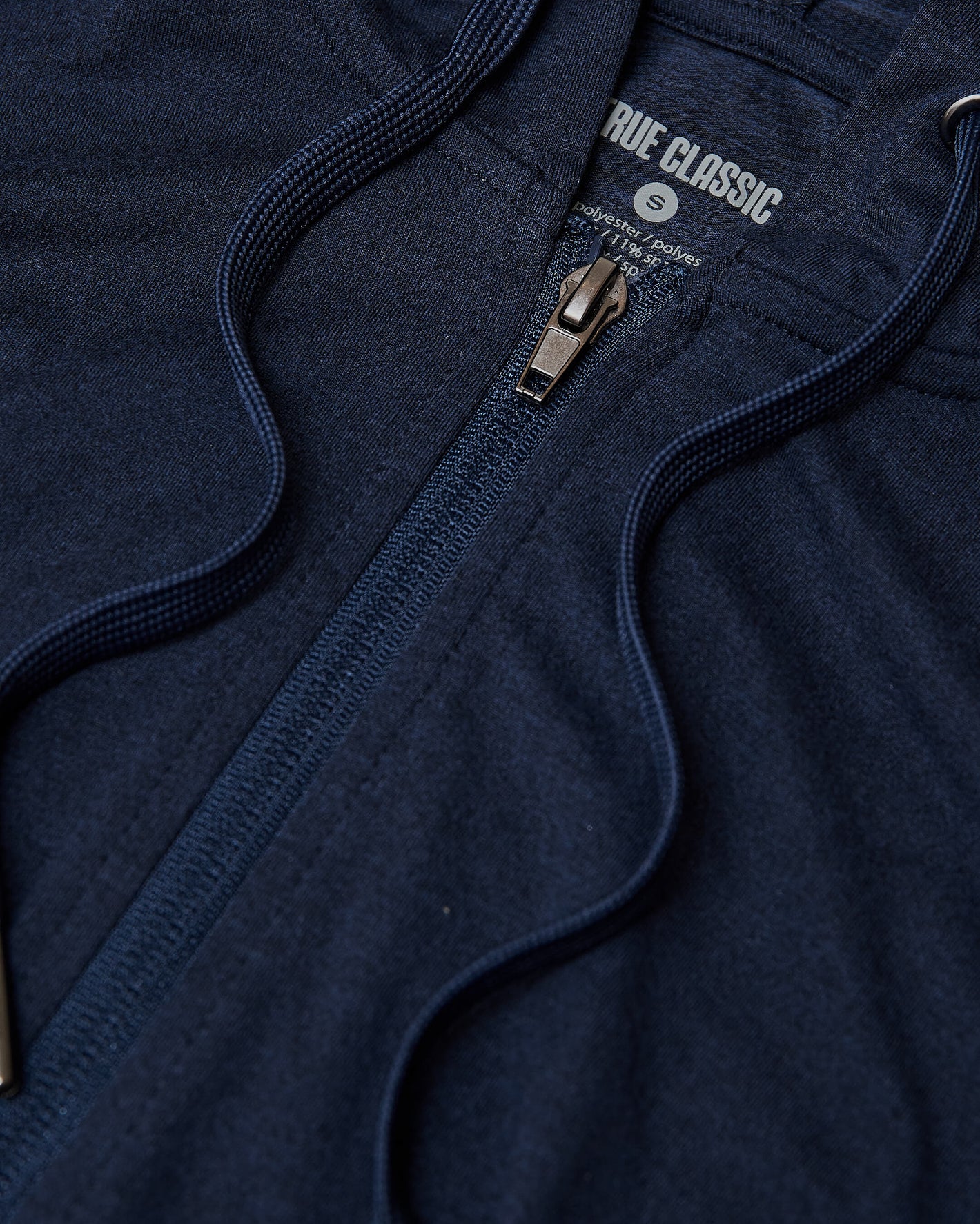 Dark Heather Navy Active Comfort Full Zip Hoodie with metal zipper and drawcords.