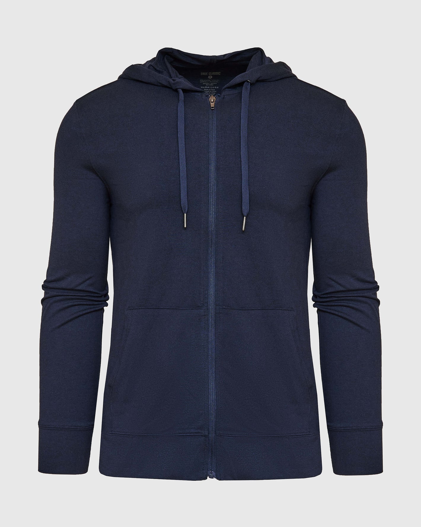 Dark Heather Navy Active Comfort Full Zip Hoodie with adjustable hood and pockets.