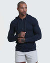Model wearing Dark Heather Navy Active Comfort Full Zip Hoodie.
