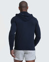 Back view of man in Dark Heather Navy Active Comfort Full Zip Hoodie.