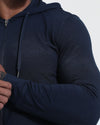 Dark Heather Navy Active Comfort Full Zip Hoodie with folded arms and tattoo.