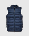 Navy Puffer Vest with full-length zipper and quilted design.