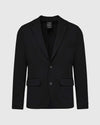 Black Comfort Knit Blazer with notch lapels and flap pockets.