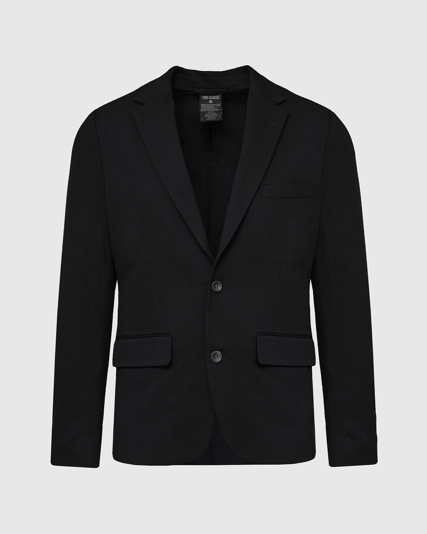 Black Comfort Knit Blazer with notch lapels and flap pockets.