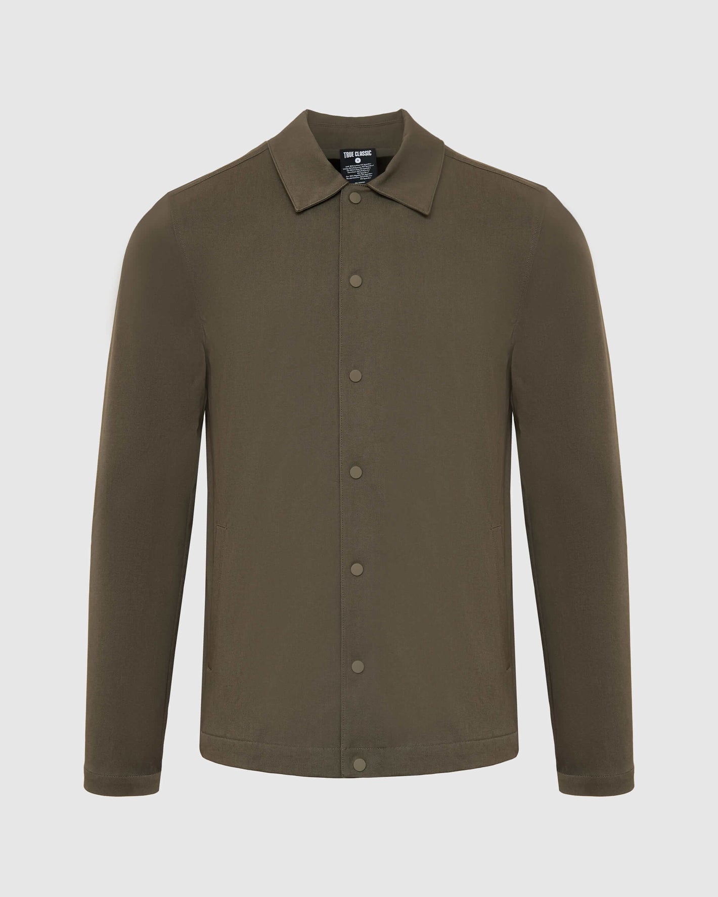 Military Green Coaches Jacket with snap buttons and concealed side pockets.