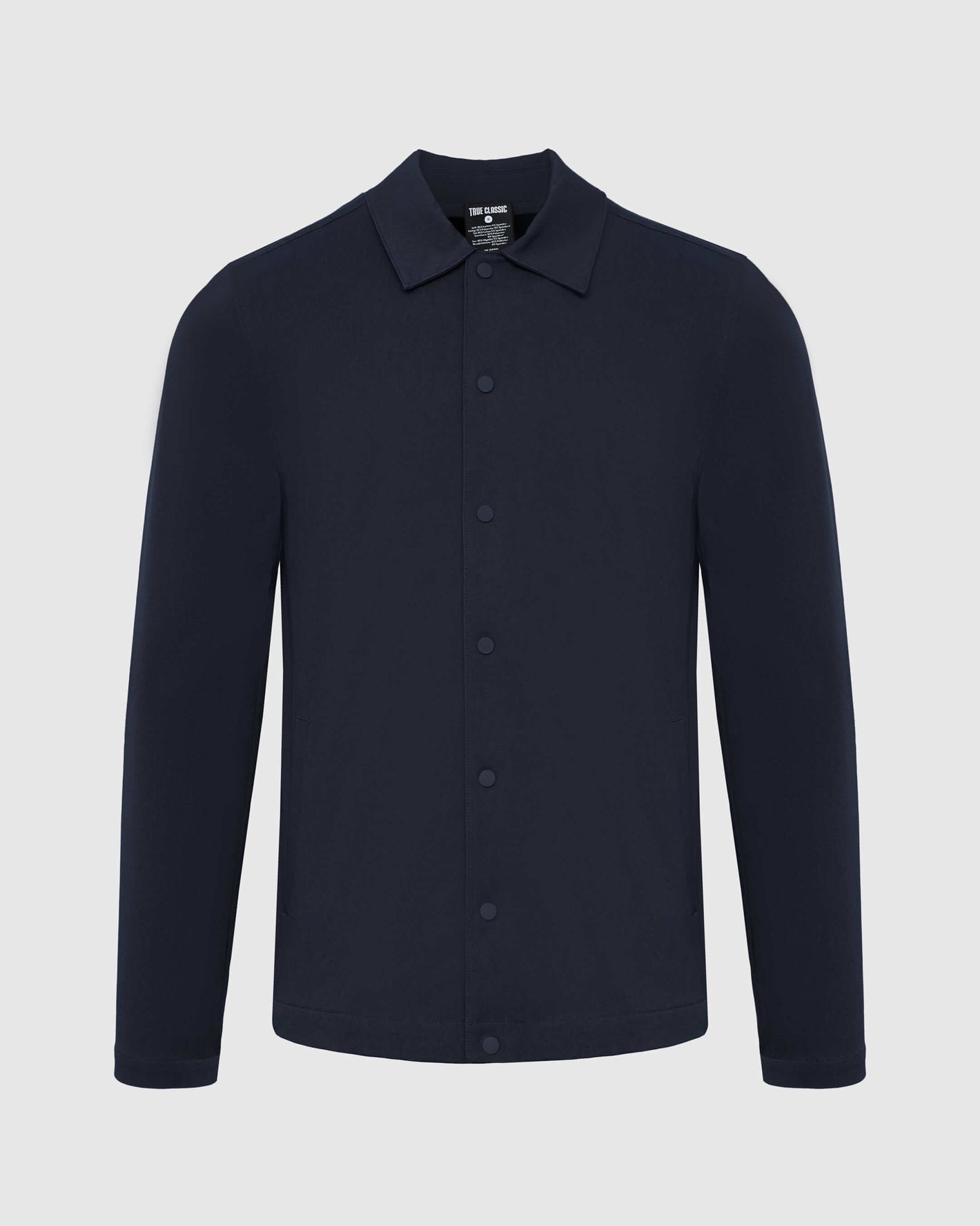 Navy Coaches Jacket with snap-button closure and shirt-style collar.