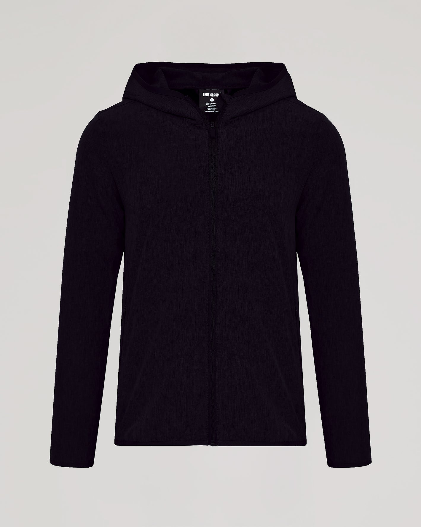 Active Shell Jacket – Black zip-up hoodie, lightweight, water-resistant, True Classic.