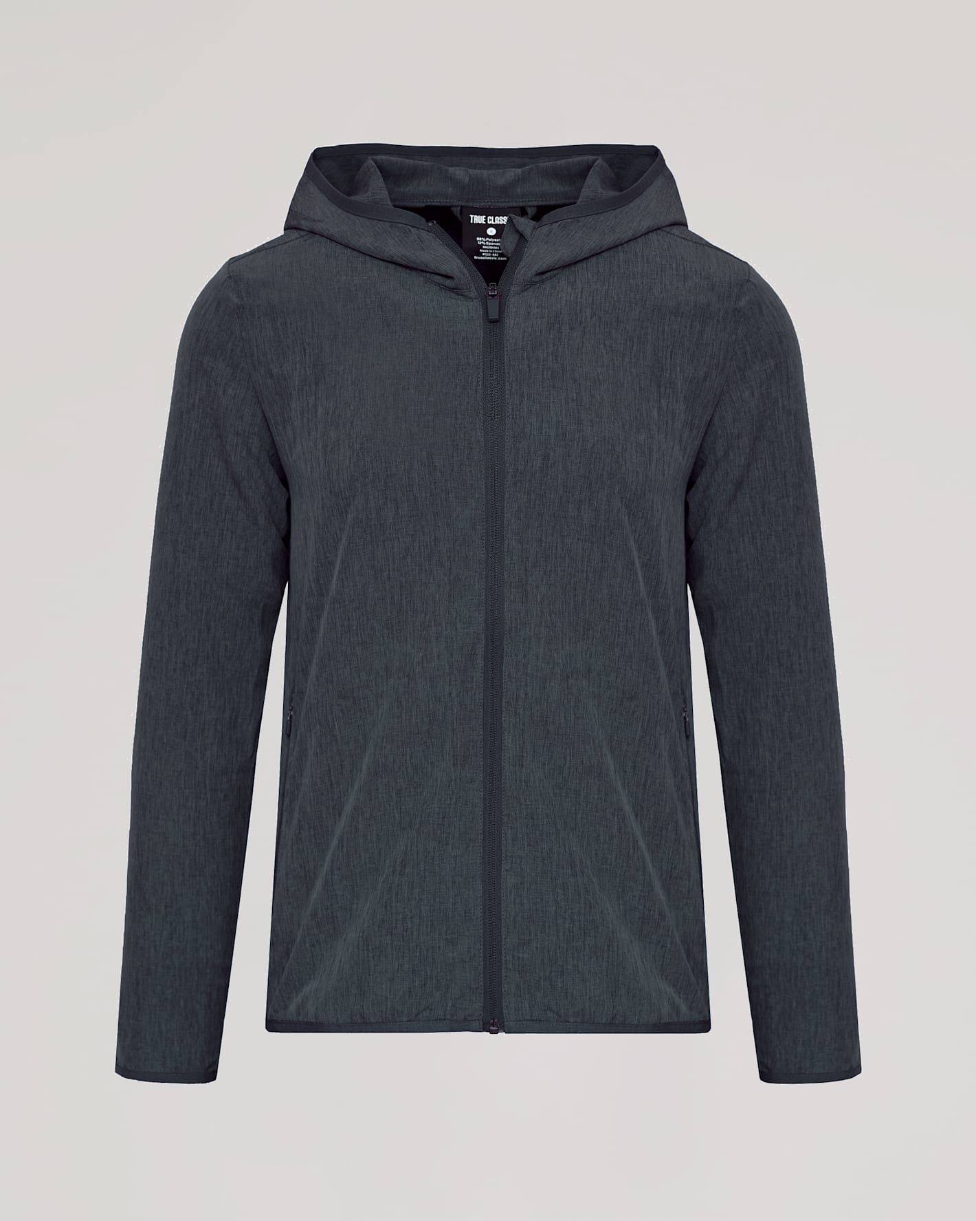 Charcoal Heather Gray Active Shell Jacket with hood and zippered pockets.