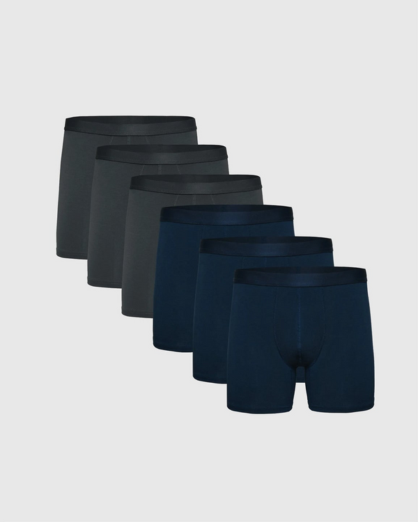 Carbon & Navy Boxer Briefs 6-Pack arranged in staggered rows.