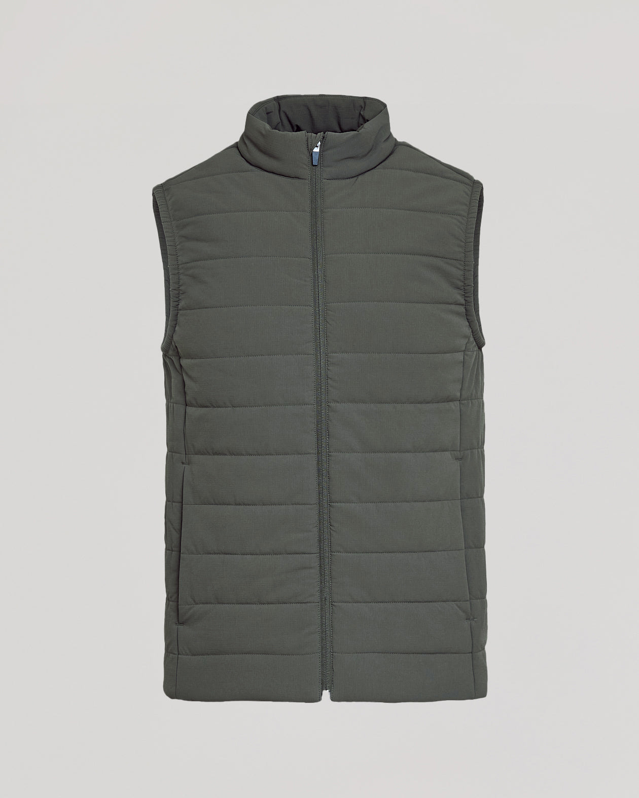 Carbon Puffer Vest, sleeveless, quilted, with zipper and stand-up collar.