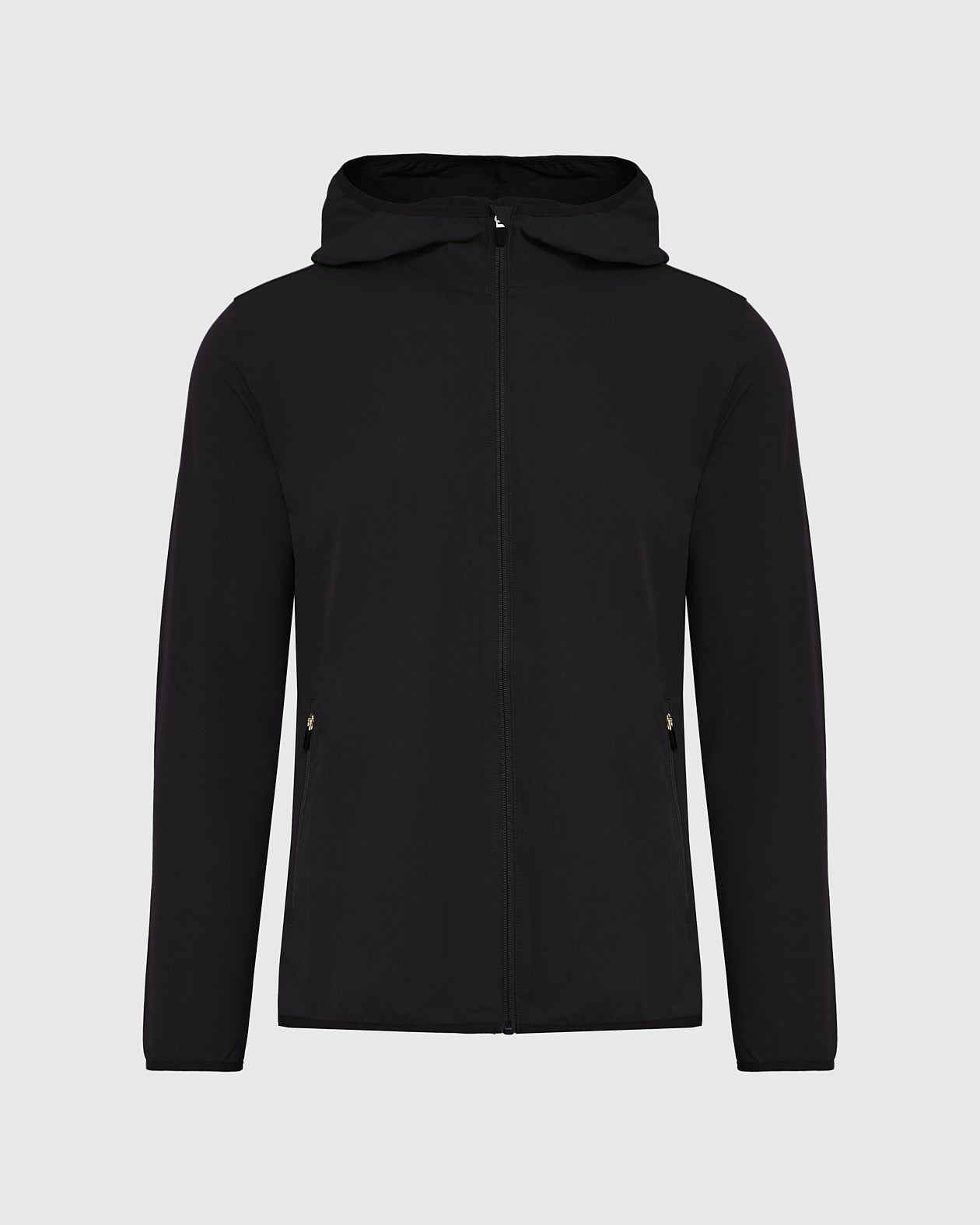 Black Tech Windbreaker: Solid-black zip-up hooded jacket with zippered pockets.