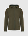 Olive Tech Windbreaker: Men's hooded jacket with zippered pockets and full-length front zipper.