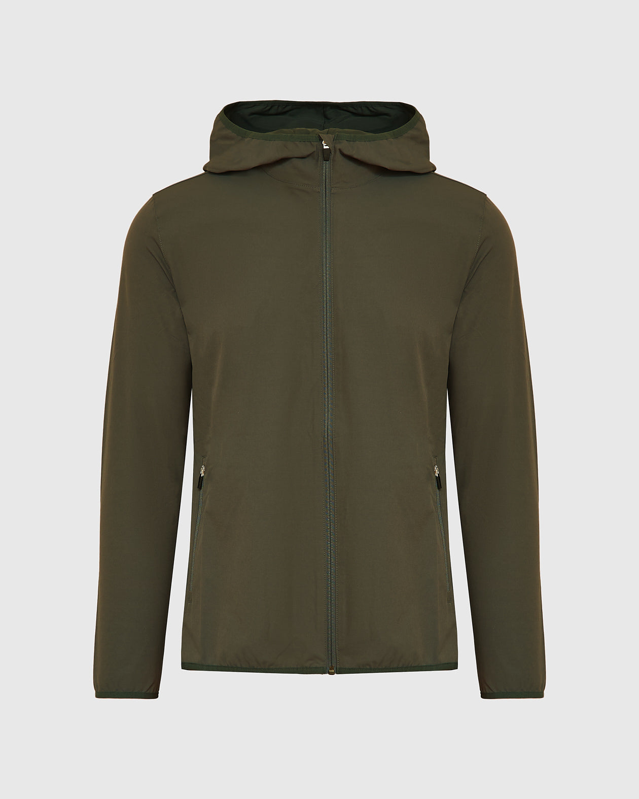 Olive Tech Windbreaker: Men's hooded jacket with zippered pockets and full-length front zipper.