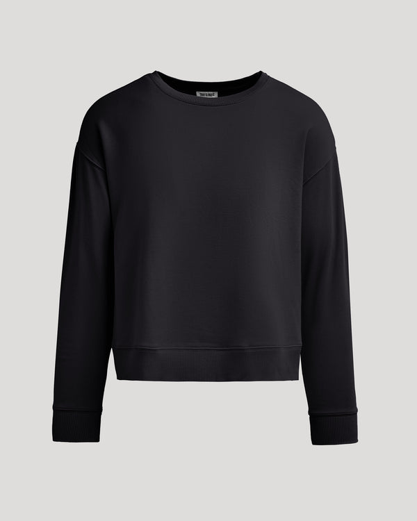 Womens Black Slouch Pullover Crew, cozy oversized fleece sweatshirt.