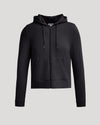 Women's Black Crop Zip Hoodie with drawstring hood and kangaroo pockets.